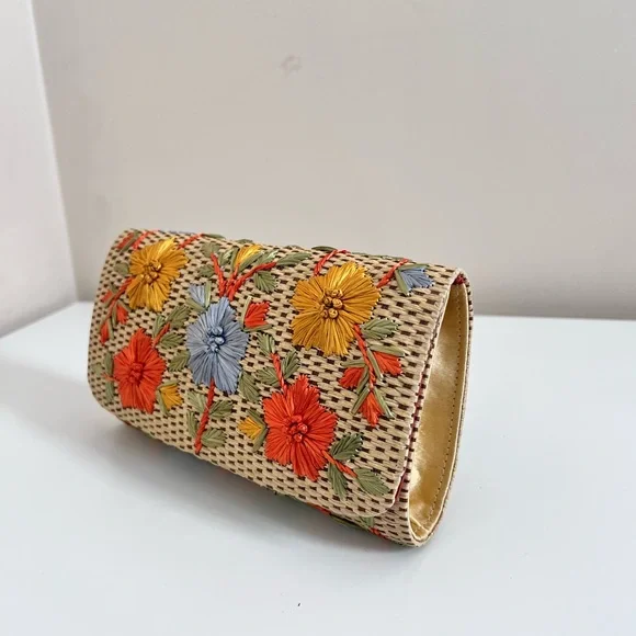 Anthropologie Garden Route Clutch Floral Raffia Embroidered Woven Purse Bag - Picture 2 of 12